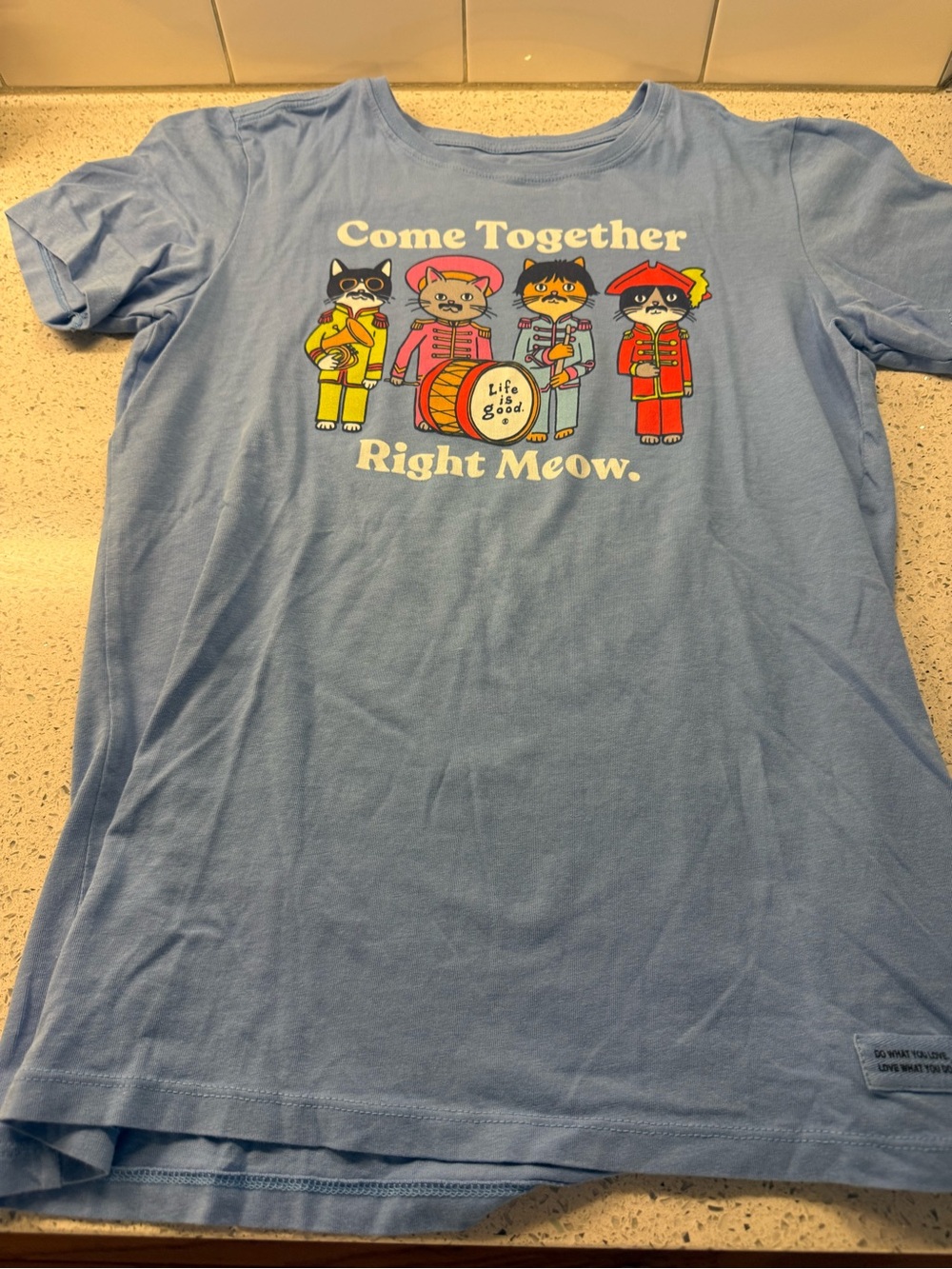 Life Is Good Women’s "Come Together Right Meow" Blue Graphic Tee